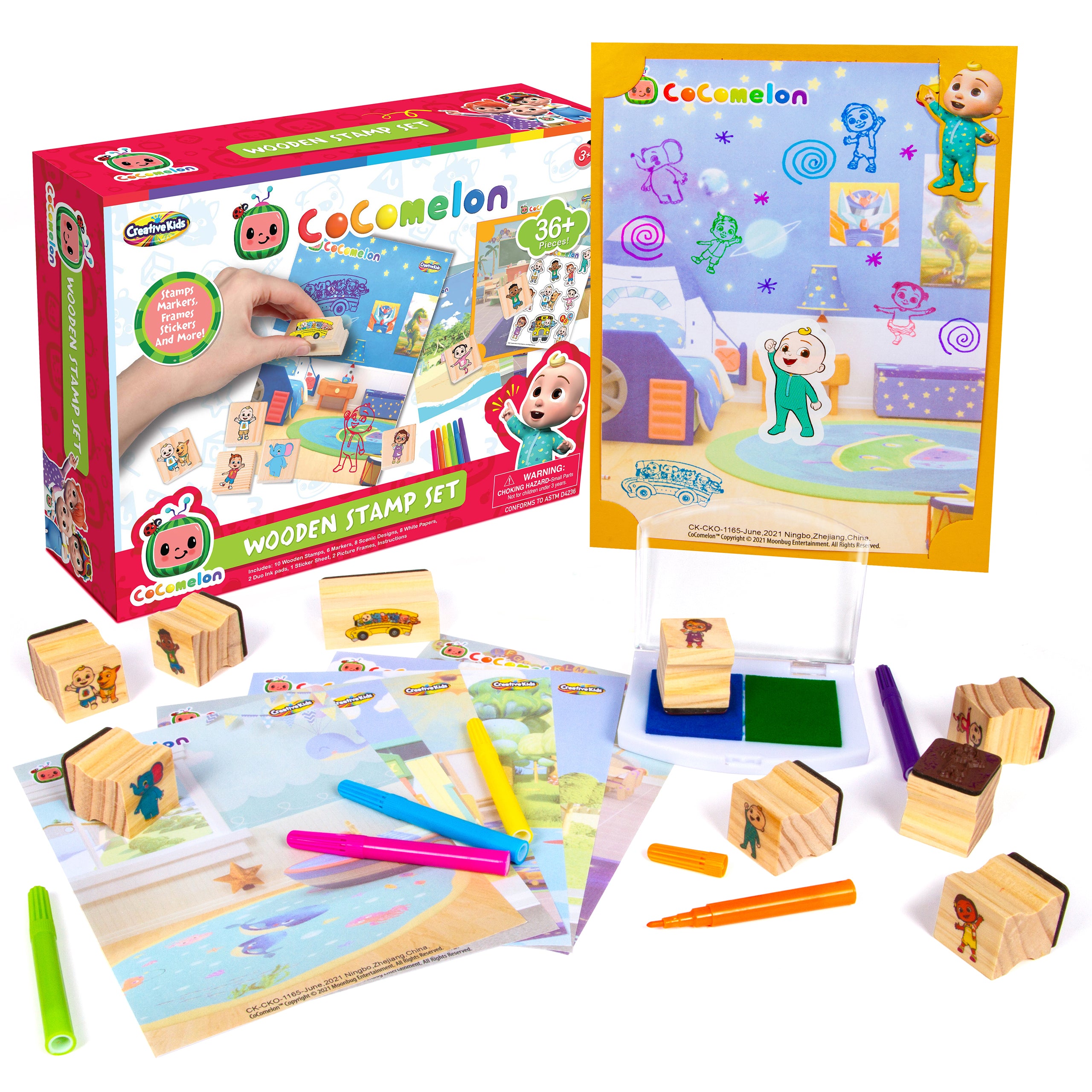 Creative Kids Cocomelon Stamp Set 36+ Piece Wooden Stamps Set Includes Ink Pads, Stickers, Markers, Picture Frames - Montessori
