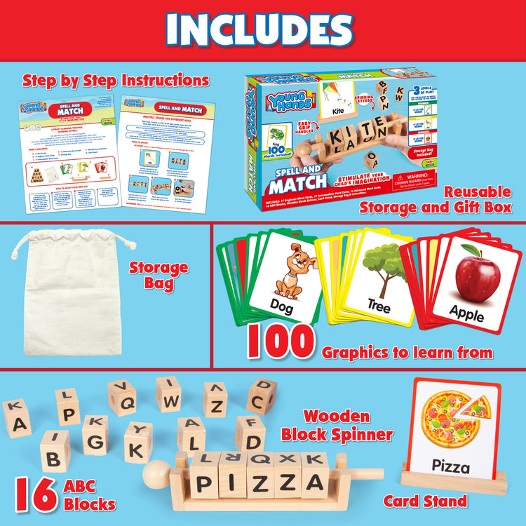 Young Hands Wooden Reading Blocks - Spin, Spell & Match Words
